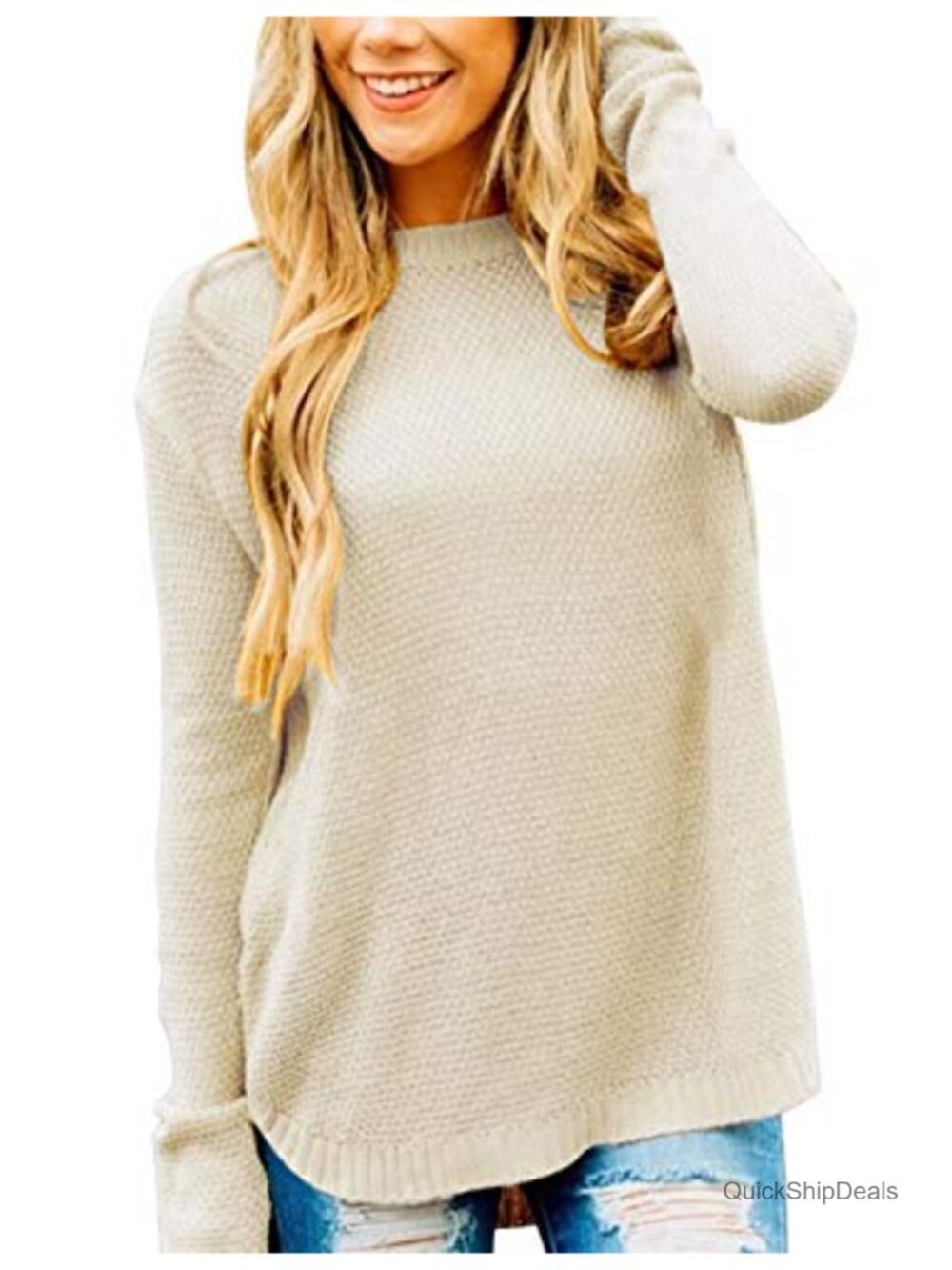 Waffle Knit Balloon Long Sleeve Pullover Sweater Crew Neck